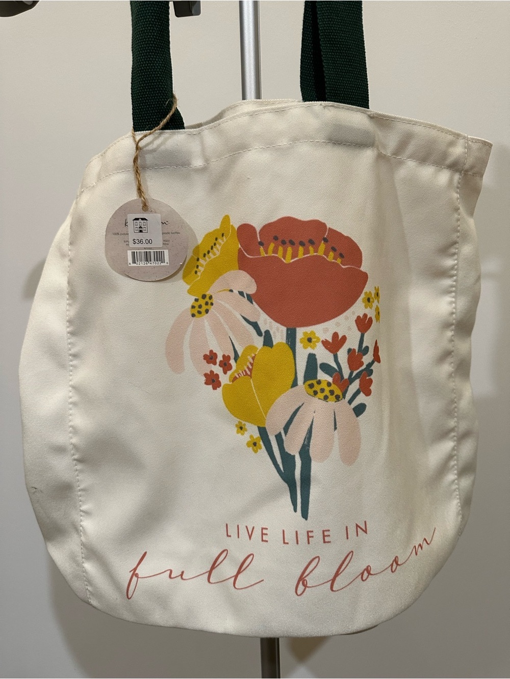 Ivory Floral Canvas Tote with Green Straps